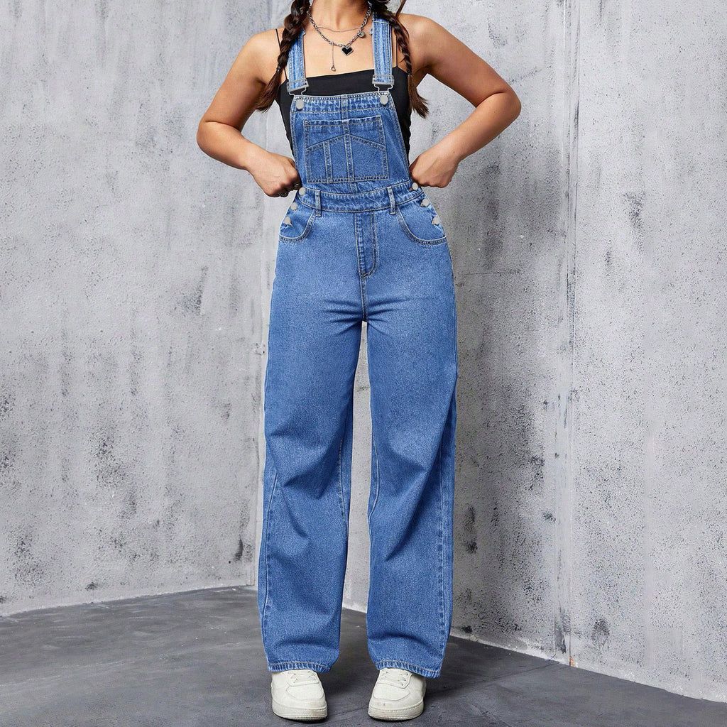 Womens Washed Blue Denim Overalls Casual And Loose-Fitting