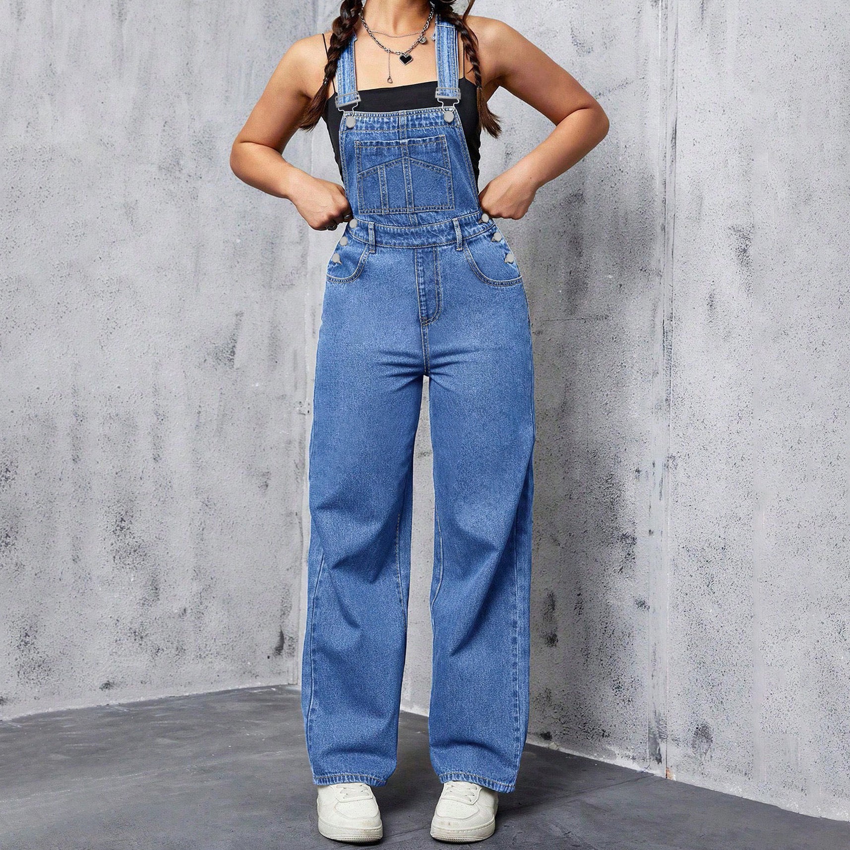 Womens Washed Blue Denim Overalls Casual And Loose-Fitting