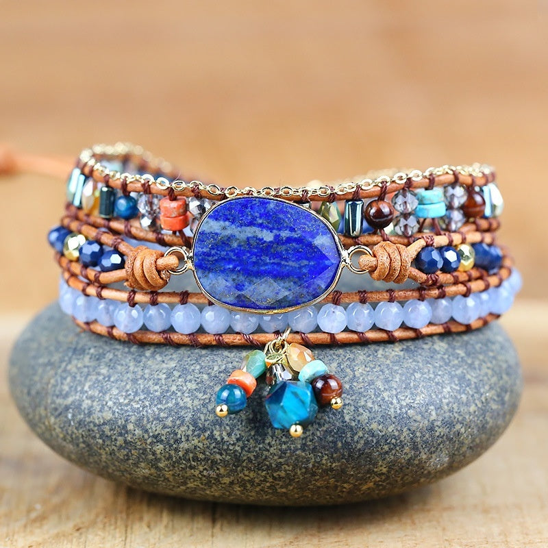 Lapis Lazuli Bezel-Set Hand-Knitted Multi-Layer Wax Cord Bracelet