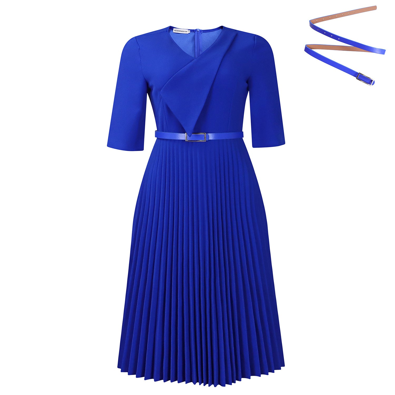 New Stylish Elegant V Neck Solid Color Plus Size Pleated Dress