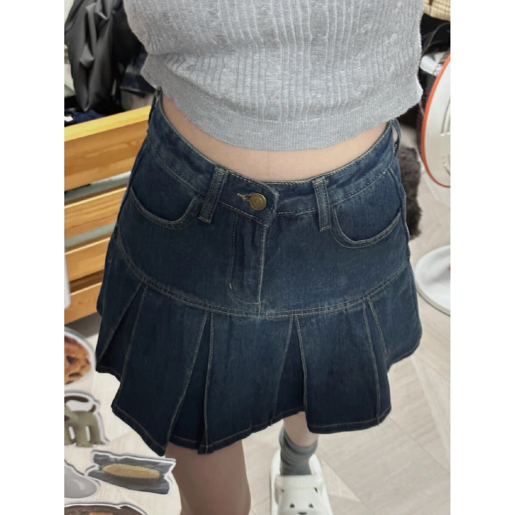 Retro High-waisted Denim A-line Pleated Skirt That Flatters