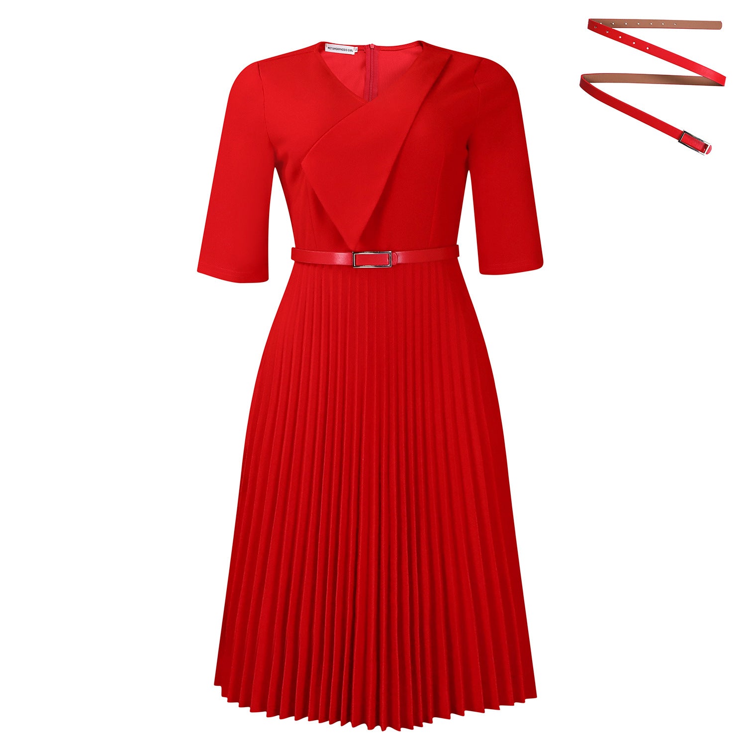 New Stylish Elegant V Neck Solid Color Plus Size Pleated Dress