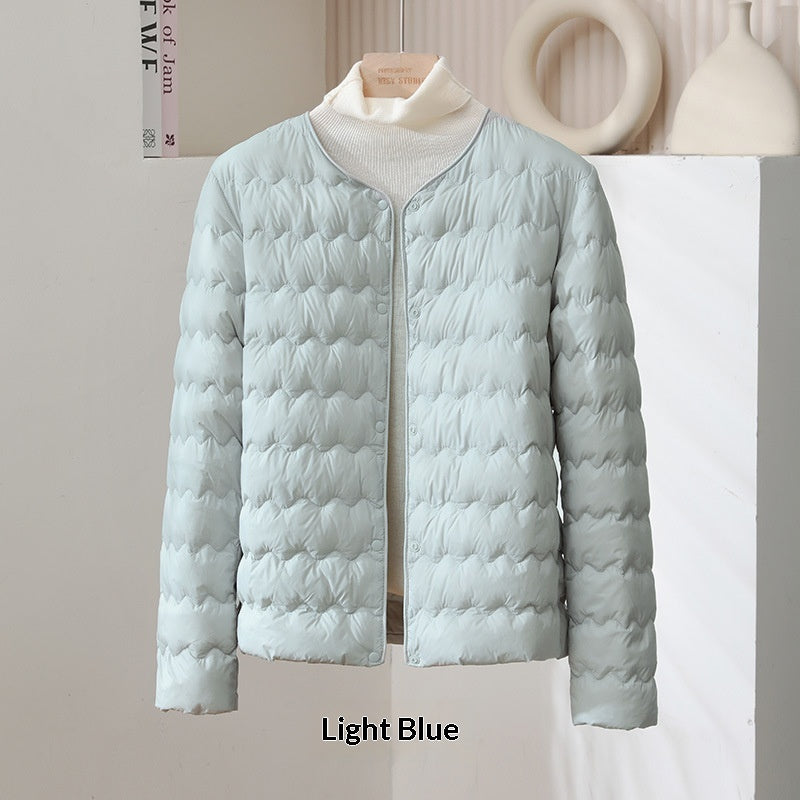 Womens Short Puff Jacket With A Ruffled Crew Neck