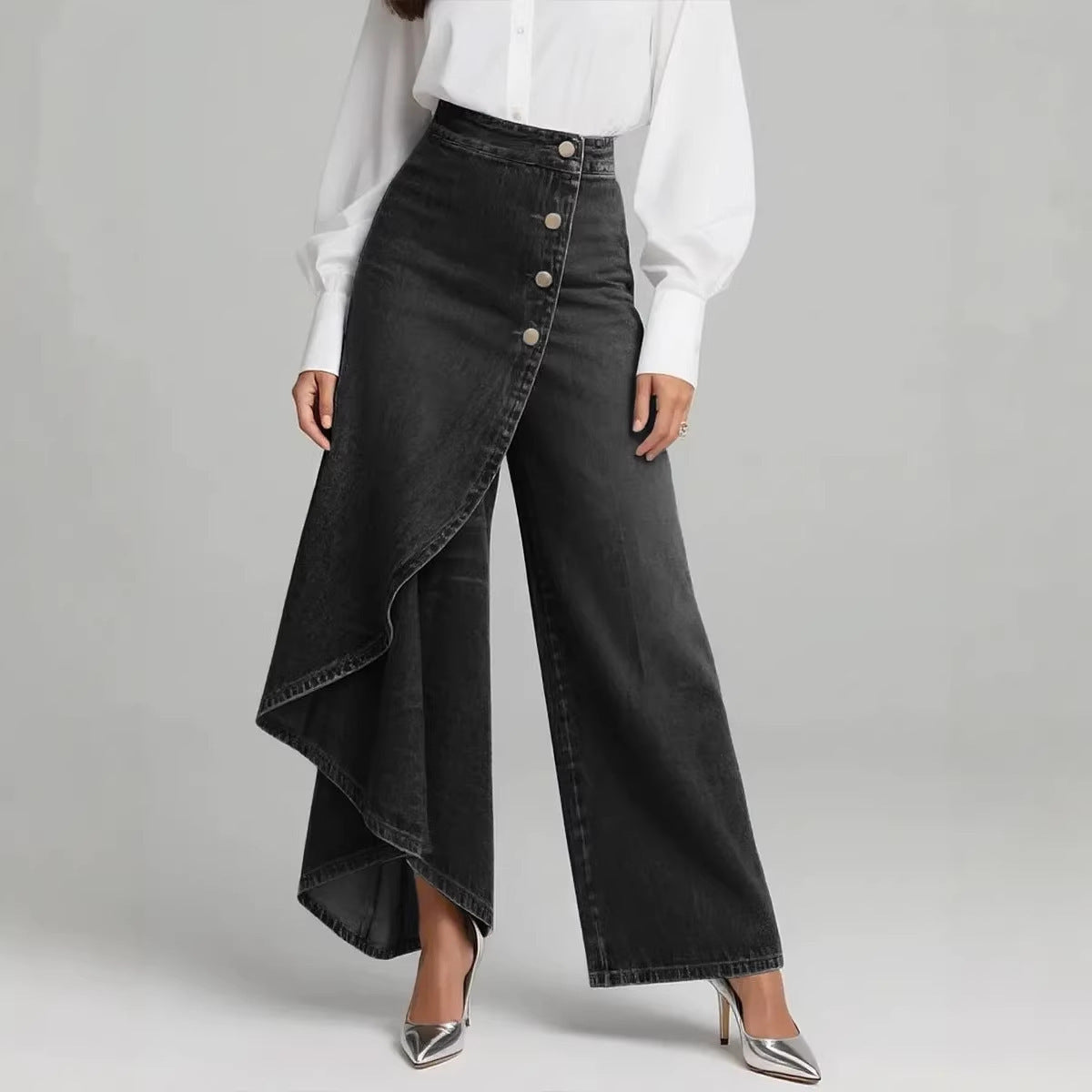 Womens Solid-Color Casual Denim-Style Printed Pants