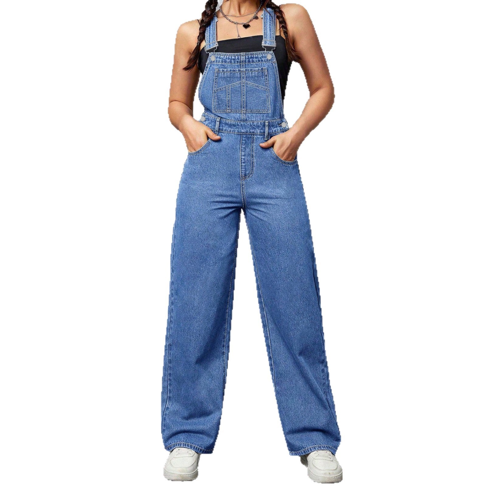 Womens Washed Blue Denim Overalls Casual And Loose-Fitting