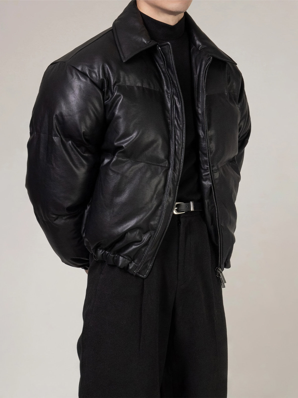 PU Leather Puffer Jacket With A Stand-up Collar And Extra Padding