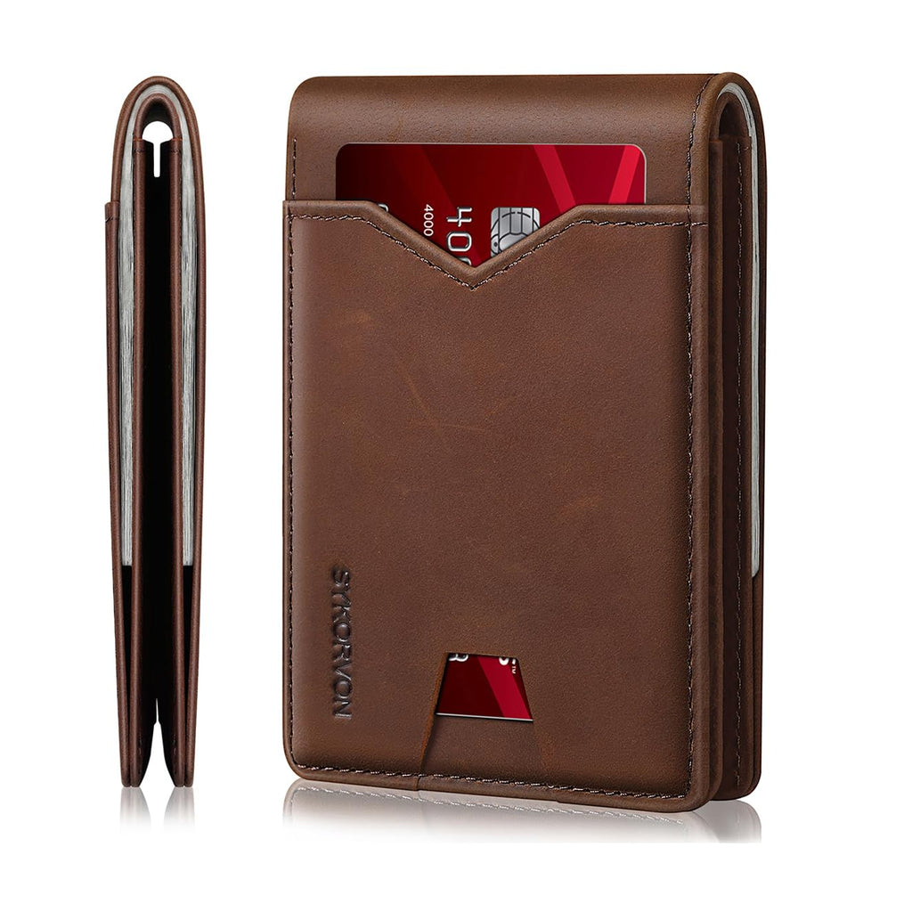 Real Leather Wallet For Men,Slim Bifold Wallet Minimalist Front Pocket Design, RFID Mens Wallet With Money Pocket,ID Window, Hold Up To 11 Cards, Brown, Minimalist