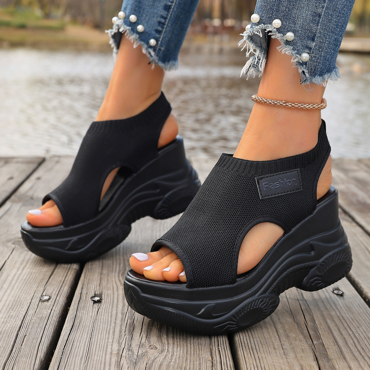 Women's Casual Fish-mouth Chunky Wedge Sandals