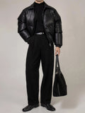 PU Leather Puffer Jacket With A Stand-up Collar And Extra Padding