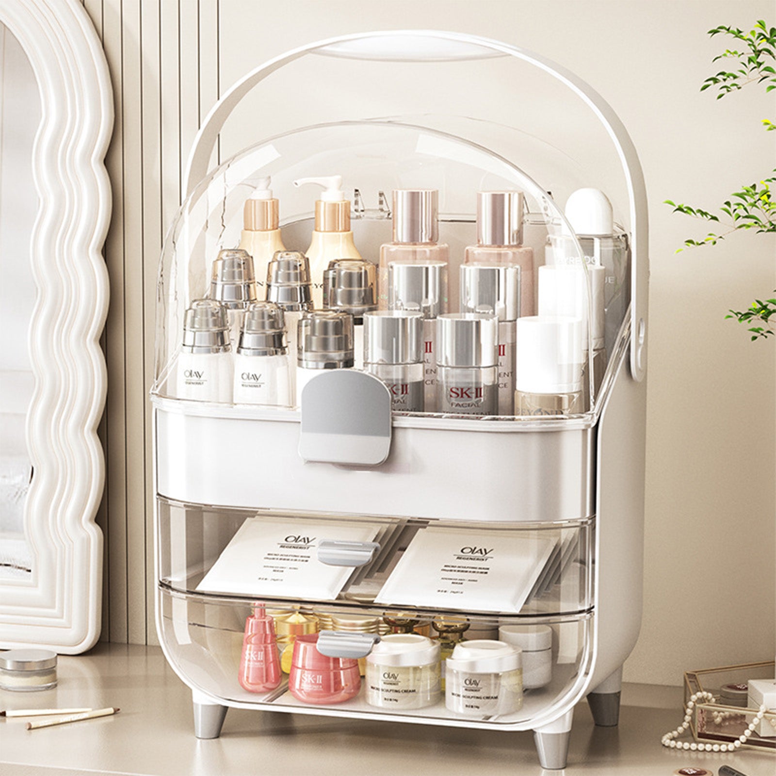 Makeup Organizer With Skincare Holder - Acrylic Cosmetic Storage Box, 4 Colors - Vanity & Bathroom Counter Organizer - Perfect Teen Girl Gift