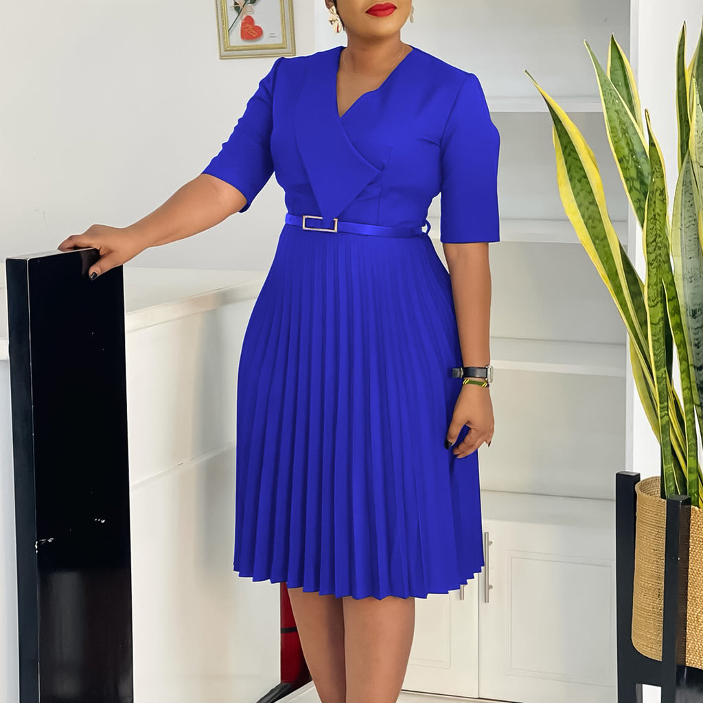 New Stylish Elegant V Neck Solid Color Plus Size Pleated Dress