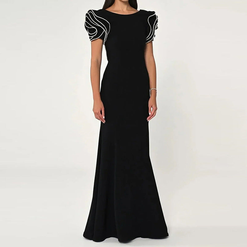 Round Neck Petal Sleeve Fishtail Skirt Dress