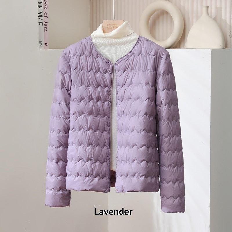 Womens Short Puff Jacket With A Ruffled Crew Neck