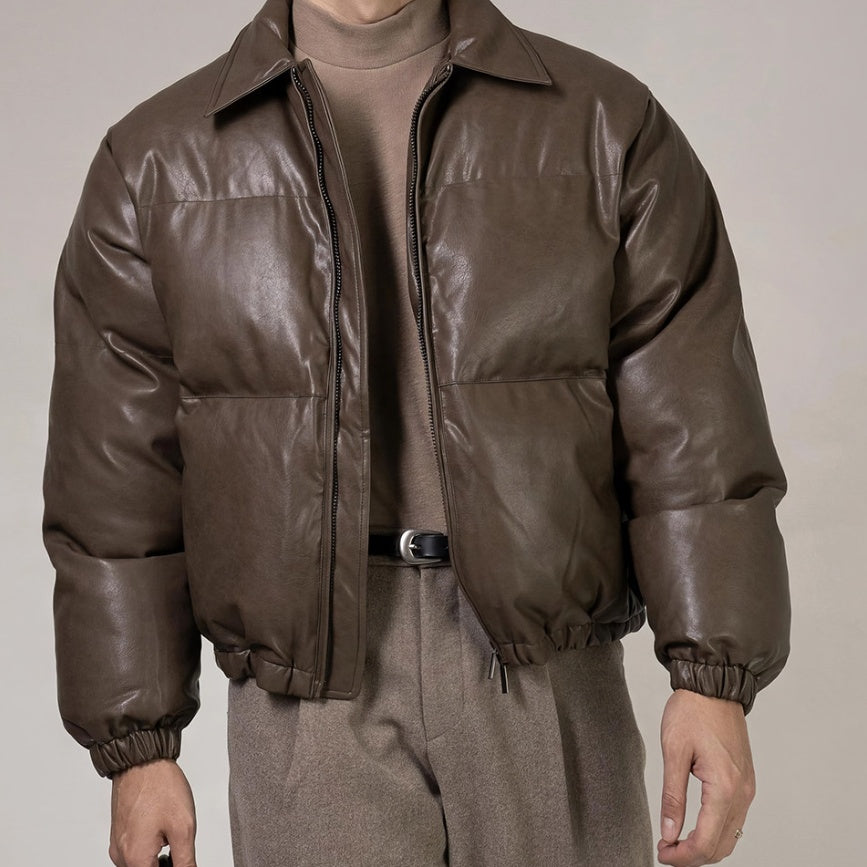 PU Leather Puffer Jacket With A Stand-up Collar And Extra Padding
