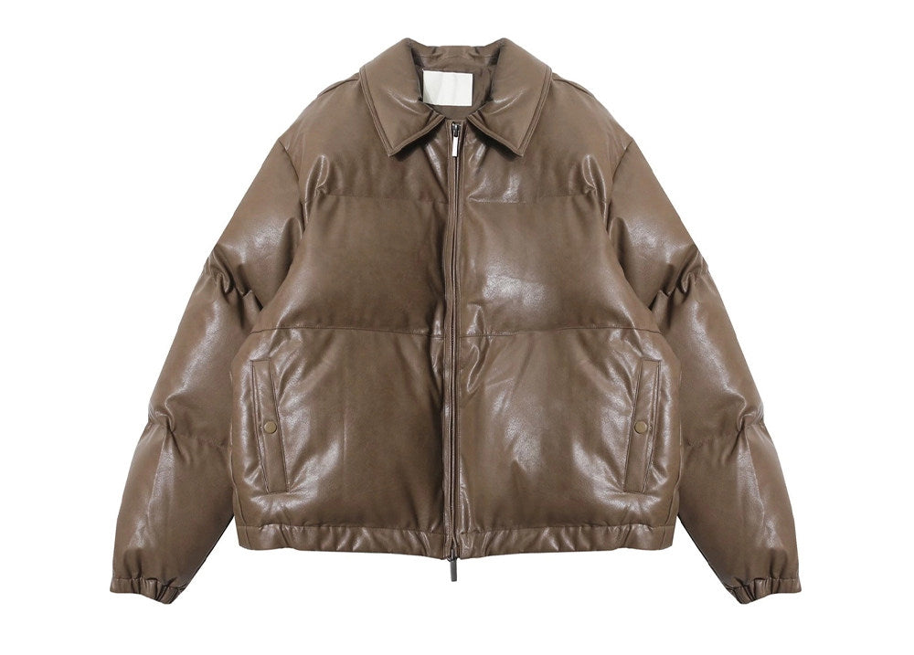 PU Leather Puffer Jacket With A Stand-up Collar And Extra Padding