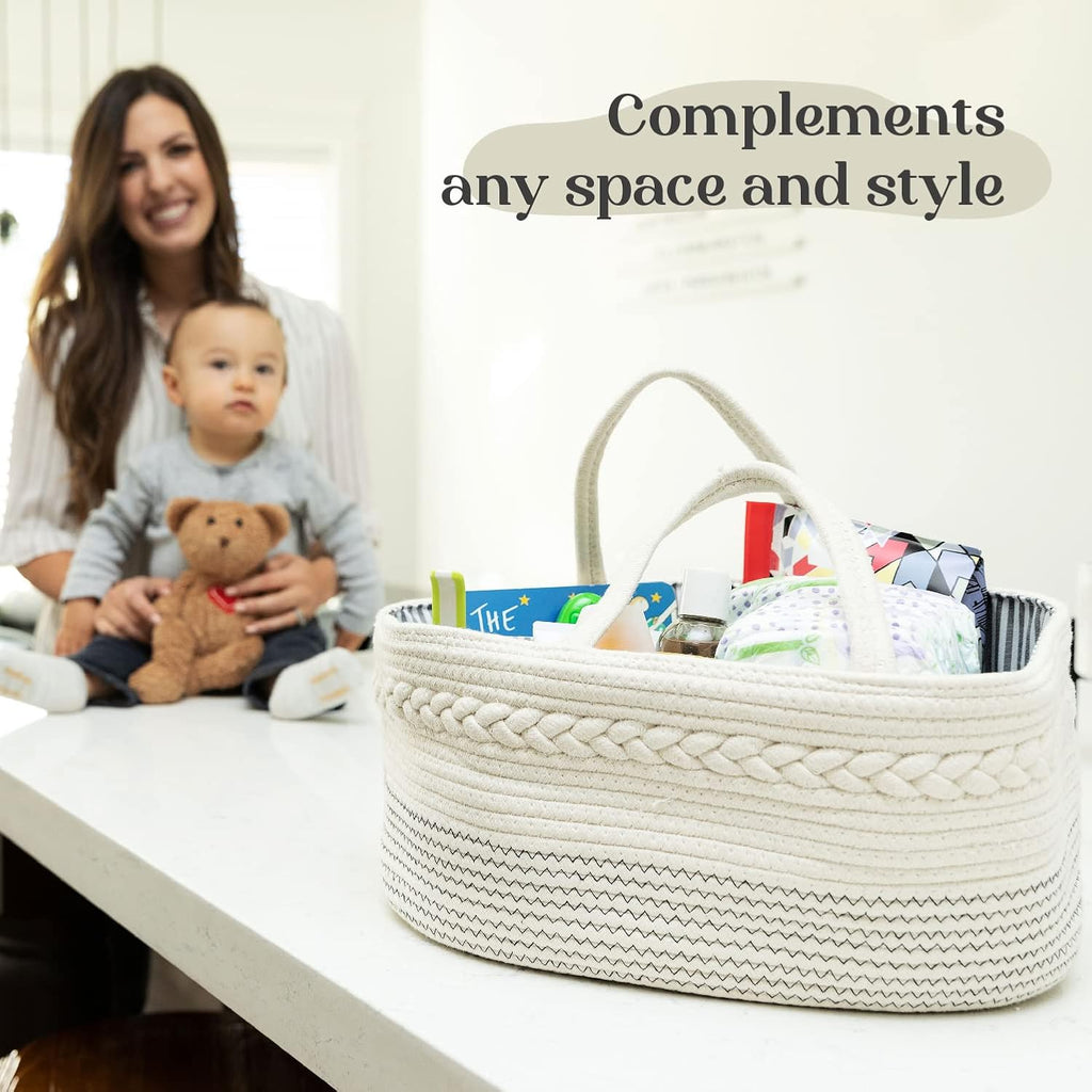 Diaper Caddy Organizer, Large Cotton Rope Nursery Baby Basket, Changing Table Organizer For Baby Diaper Storage, Portable Car Organizer With Removable Divider, Baby Shower Gifts