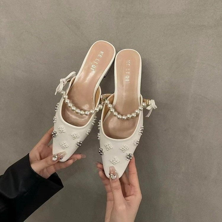 2026 New Arrival Elegant Lady Style Pearl Low Heel Mules, Fashion Women's Sandals