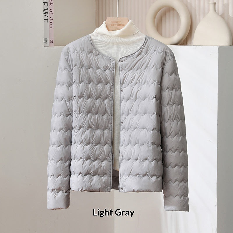 Womens Short Puff Jacket With A Ruffled Crew Neck