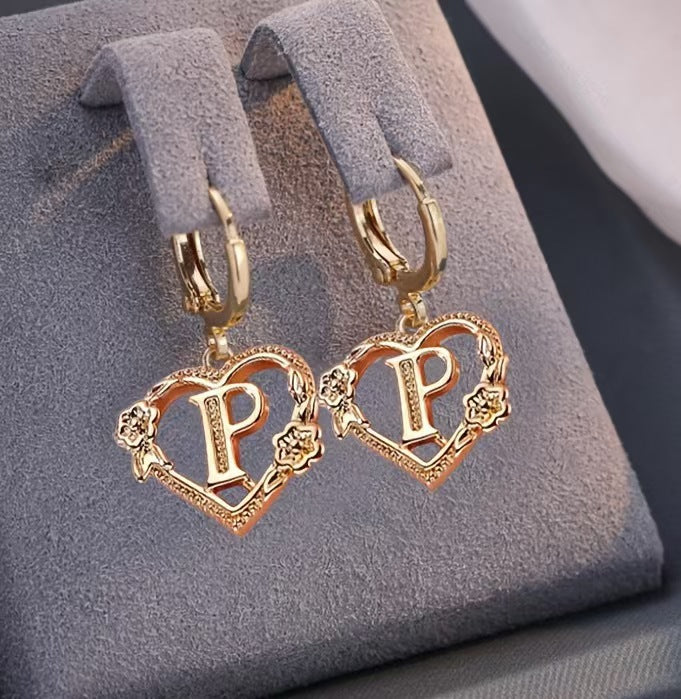 European And American Golden Heart-shaped Letter Earrings