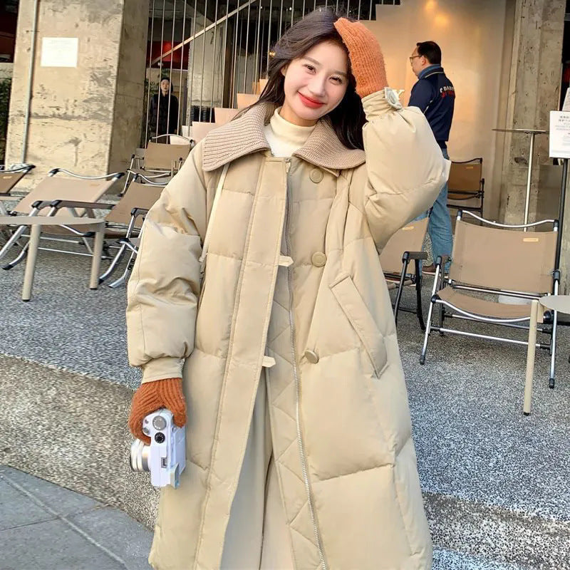 Womens Fashionable Knitted Long Cotton Coat With A Turn-Down Collar