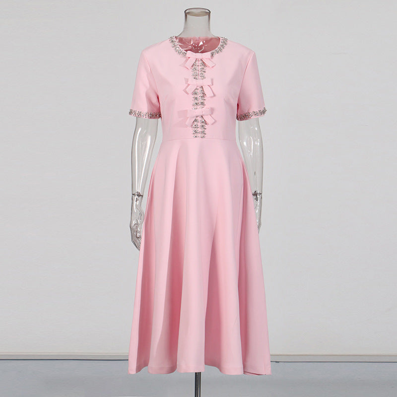 New Stylish Long Dress With A Round Neckline Bow Detail And Patchwork Design