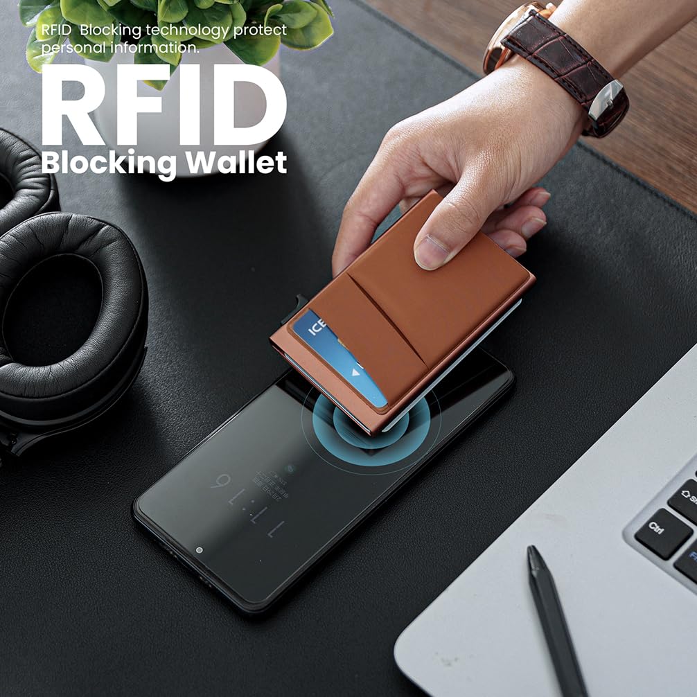Slim Minimalist Wallet With ID Window,Pop Up Card Holder With Money Pocket Smart Wallet For Men RFID Blocking Metal Card Case