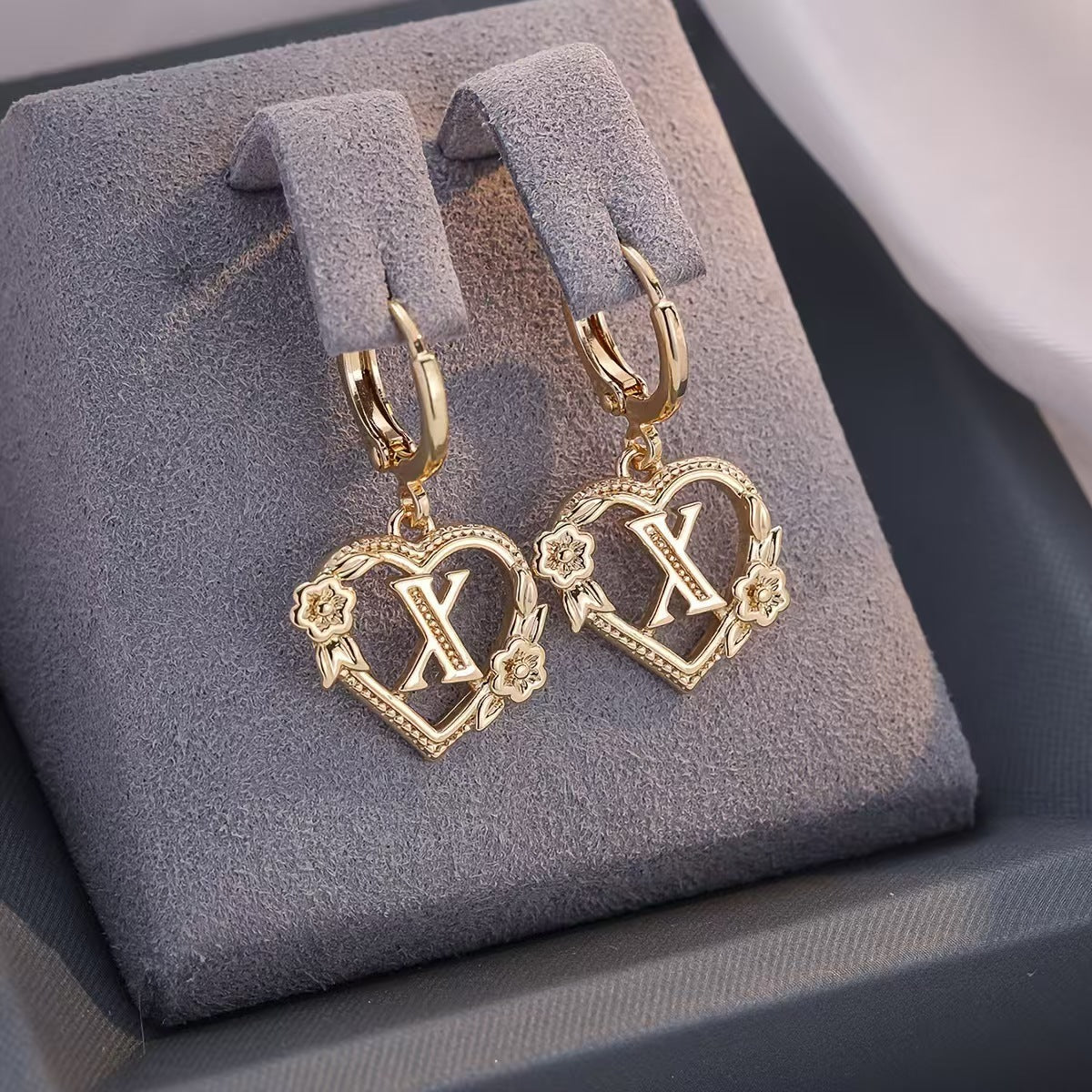 European And American Golden Heart-shaped Letter Earrings