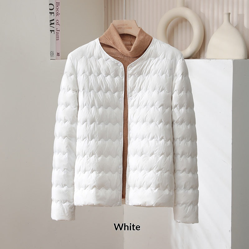 Womens Short Puff Jacket With A Ruffled Crew Neck